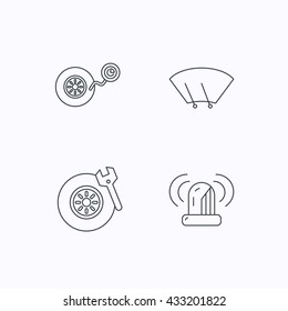 Wheel pressure, tire service and siren alarm icons. Car repair service station linear sign. Flat linear icons on white background. Vector