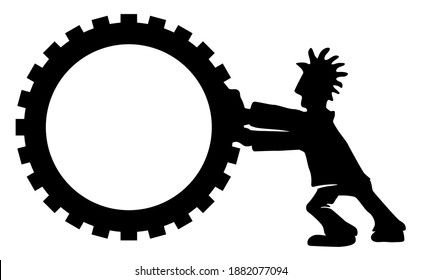 Wheel pusher figure silhouette stencil black, vector illustration, horizontal, over white, isolated
