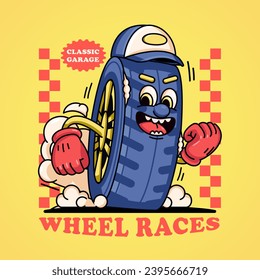 Wheel racing retro mascot character. Suitable for logos, mascots, t-shirts, stickers and posters