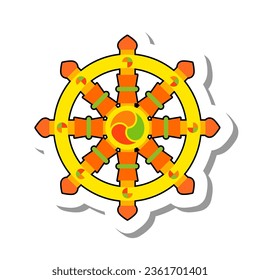 Wheel of rebirth samsara flat paper sticker. Mystical religious symbol of east Indian culture, object of cult worship isolated on white background. Religion, culture, faith concept