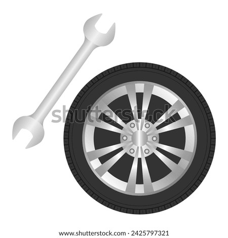 Wheel Repair or Auto Repair Logo. Car Wheel and Wrench Tool. Vector Illustration.  