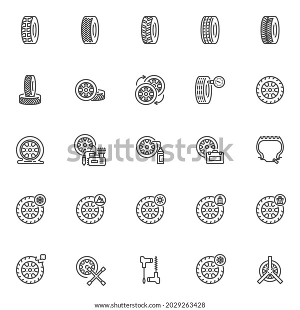 Wheel Repair line icons set. linear style\
symbols collection, outline signs pack. Tyre repair service vector\
graphics. Set includes icons as checking tire pressure, puncture\
car wheel, air\
compressor