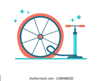 Wheel repair. Pump the tyre. Flat bicycle tyre. Wheel and pump. Flat vector illustration