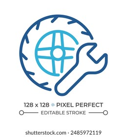 Wheel repair two color line icon. Vehicle repair. Maintenance services. Car wheel and a wrench bicolor outline symbol. Duotone linear pictogram. Isolated illustration. Editable stroke