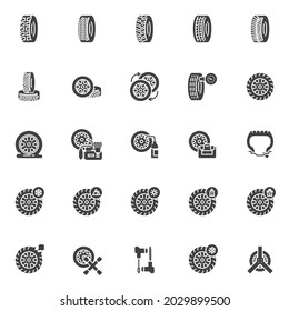 Wheel Repair vector icons set, modern solid symbol collection, filled style pictogram pack. Signs, logo illustration. Set includes icons as checking tire pressure, puncture car wheel, air compressor