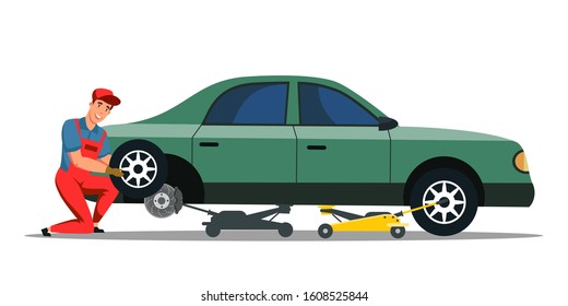 Wheel replacement car repair service. Cartoon male auto mechanic at work. Repairman in uniform using jacking apparatus and tools for transport maintenance. Vector flat illustration isolated on white