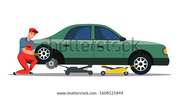 Wheel replacement car repair service. Cartoon male\
auto mechanic at work. Repairman in uniform using jacking apparatus\
and tools for transport maintenance. Vector flat illustration\
isolated on white