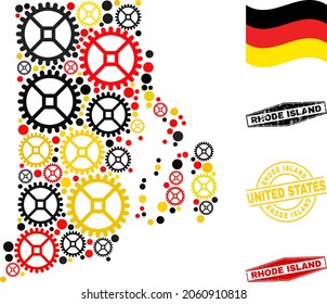 Wheel Rhode Island State map composition and stamps. Vector collage is composed with workshop elements in various sizes, and German flag official colors - red, yellow, black.
