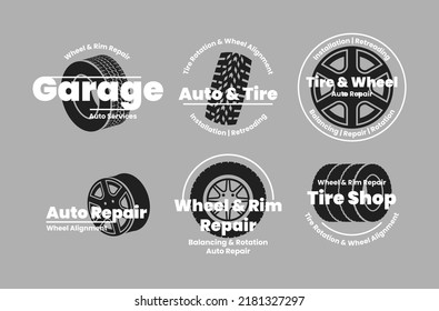 Wheel rim repair automobile garage promo badge set vector isometric illustration. Automotive drive balancing maintenance service emblem sticker. Transportation tire protect auto shop store advertising