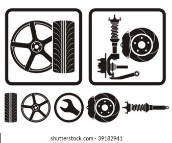 Wheel rim, tire, shock absorber vector icons.