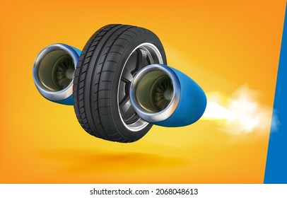 Wheel and rocket vector logo combination. Tire and aircraft symbol or icon. The engine from the aircraft is attached to the wheel. Creative design. Jet engine alloy wheel tire. Orange background.