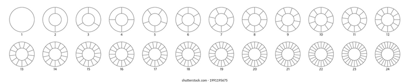 Wheel round diagram part big set. Segment slice sign. Circle section graph line art. Pie chart icon. 2,3,4,5,6 segment infographic. Five phase circular cycle. Geometric element. Vector illustration.