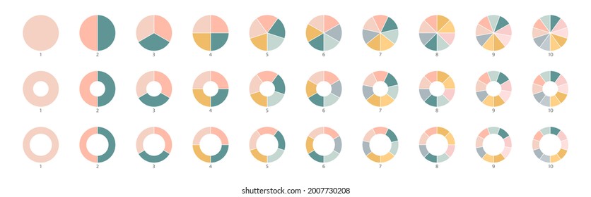 Wheel round diagram part symbol. Pie chart color icons. Segment slice sign. Circle section graph. 10,2,4,5 segment infographic. Three phase, six circular cycle. Geometric element. Vector illustration.