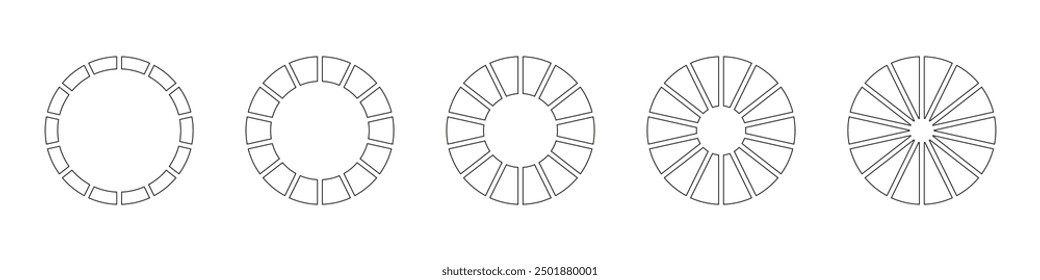 Wheel round divided, 14 sections. Outline donut chart, pies segmented, fourteen equal parts. Diagrams infographic set. Circle section graph line art. Pizza chart simple icon. Coaching tool.