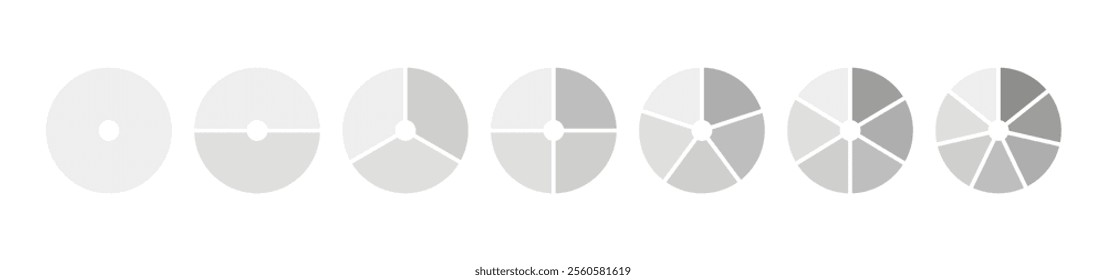 Wheel round divided diagrams, one, two, three, four, five, six, seven segments. Coaching blank. Circle division, 1, 2, 3, 4, 5, 6, 7 equal parts. Infographic set.