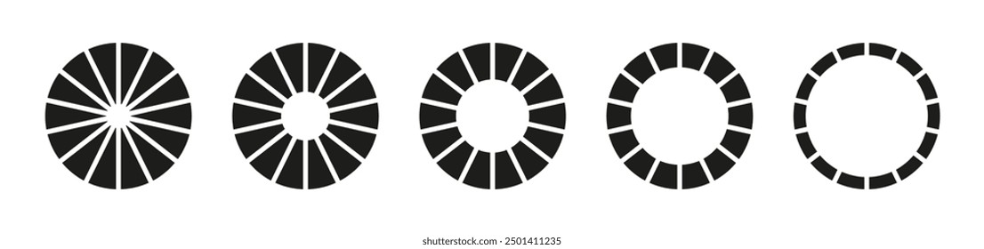 Wheel round divided, fourteen sections. Donut charts, pies segmented on 14 equal parts. Diagram infographic. Circle section graph. Pie chart icons. Lifestyle balance wheel. Life template coaching tool