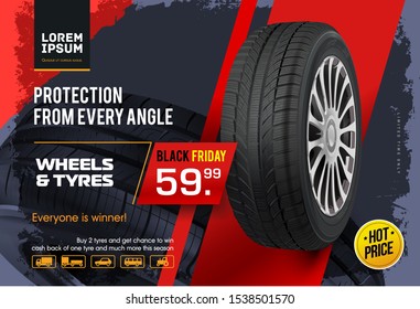 Wheel sale. Black Friday. Advertising poster, brochure, billboard, booklet. Realistic vector car tyre . Seasonal sale of wheels. Web page design of car service. 