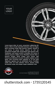 Wheel sale. Black Friday. Advertising poster, brochure, billboard, booklet. Realistic vector car tyre . Seasonal sale of wheels. Web page design of car service. Tire car advertisement poster.