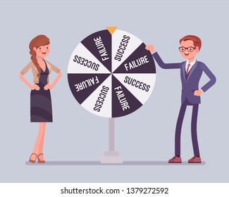 Wheel selecting random changes of failure or success. Conclusion or resolution reached after gambling for luck, human future chosen by chance, possibility for business development. Vector illustration
