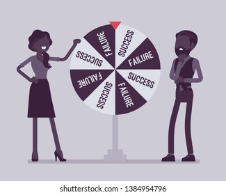 Wheel selecting random changes of failure or success. Conclusion or resolution reached after gambling for luck, future chosen by chance, business development. Vector illustration, faceless characters