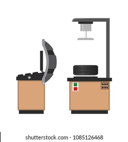 Wheel service abstract workshop vector banner, illustration of tyres fitting tool set, mechanism for alignment and maintenance process auto garage