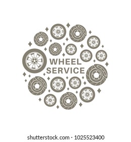Wheel service. Circle background consisting of auto parts wheel and brake disc icons in flat style.