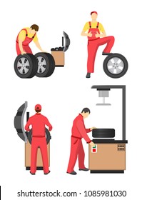 Wheel service colorful banner vector illustration, mechanics in red coverlasses working with special tools and machines for tyre wheeling or fitting