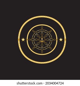 Wheel Ship and Anchor Design Logo, Black Gold Colors Background, Vector and Illustration
