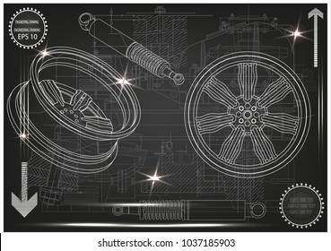 wheel and shock absorber on a black background