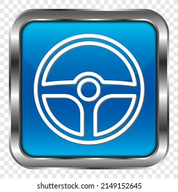Wheel simple icon. Flat design. Metal, blue square button. Transparent grid.ai