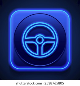 Wheel simple icon. Flat design. Blue neon style on button. With shadow.ai