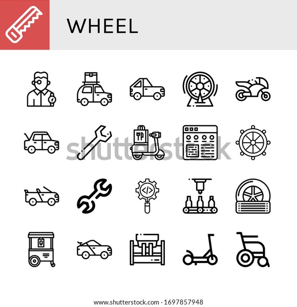 wheel\
simple icons set. Contains such icons as Saw, Watchmaker, Car,\
Wheel, Motorcycle, Wrench, Scooter, Settings, Helm, Convertible,\
Process, can be used for web, mobile and\
logo