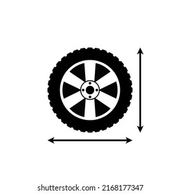 Radgröße. Vektorgrafik mit Doppelpfeilen. Zeichnung und Symbol auf weißem Hintergrund. 