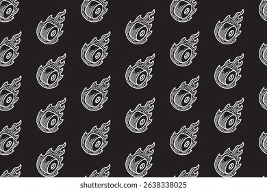patinador de rodas com fogo motif linha arte padrão sem costura em fundo preto. patinação de roda retro com chama gravação padrão de incubação fundo para skate esporte e peças de skate loja merchandise