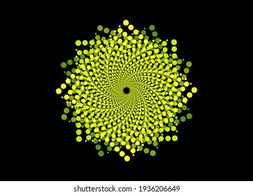 Wheel Spiral Swirl yellow Halftone dots, round logo. Vector dotted frame. Twirl design concentric circles geometric element, abstract central perspective representation isolated on black background
