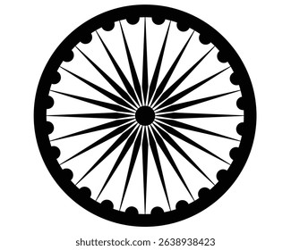 Wheel with spokes vector icon. Ashoka chakra in black colour with shadows and accurate lines. Indian flag Ashoka chakra wheel in flat style. Vector illustration
