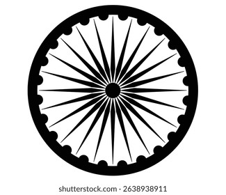 Wheel with spokes vector icon. Ashoka chakra in black colour with shadows and accurate lines. Indian flag Ashoka chakra wheel in flat style. Vector illustration