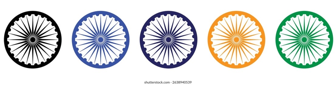 Wheel with spokes vector icon. Ashoka chakra in black,  blue, navy blue, orange and green colour with shadows and accurate lines. Indian flag Ashoka chakra wheel in flat style. Vector illustration