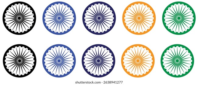 Wheel with spokes vector icon. Ashoka chakra in black,  blue, navy blue, orange and green colour with shadows and accurate lines. Indian flag Ashoka chakra wheel in flat style. Vector illustration