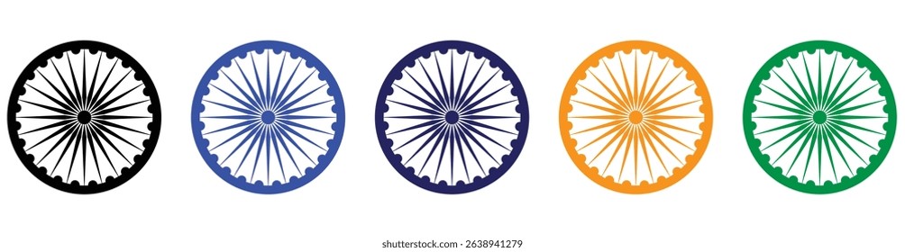 Wheel with spokes vector icon. Ashoka chakra in black,  blue, navy blue, orange and green colour with shadows and accurate lines. Indian flag Ashoka chakra wheel in flat style. Vector illustration