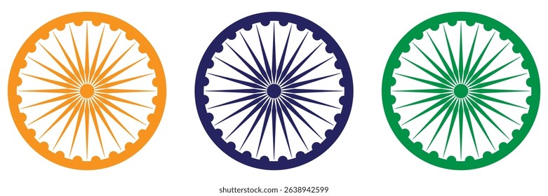 Wheel with spokes vector icon. Ashoka chakra in  navy blue, orange and green colour with shadows and accurate lines. Indian flag Ashoka chakra wheel in flat style. Vector illustration