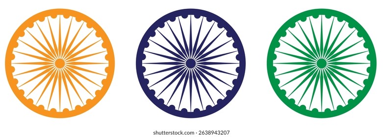 Wheel with spokes vector icon. Ashoka chakra in  navy blue, orange and green colour with shadows and accurate lines. Indian flag Ashoka chakra wheel in flat style. Vector illustration