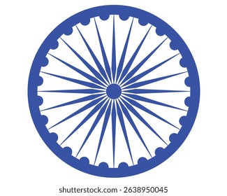 Wheel with spokes vector icon. Ashoka chakra in blue colour with shadows and accurate lines. Indian flag Ashoka chakra wheel in flat style. Vector illustration