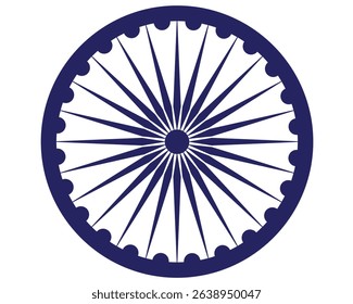 Wheel with spokes vector icon. Ashoka chakra in blue colour with shadows and accurate lines. Indian flag Ashoka chakra wheel in flat style. Vector illustration
