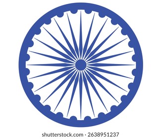 Wheel with spokes vector icon. Ashoka chakra in blue colour with shadows and accurate lines. Indian flag Ashoka chakra wheel in flat style. Vector illustration