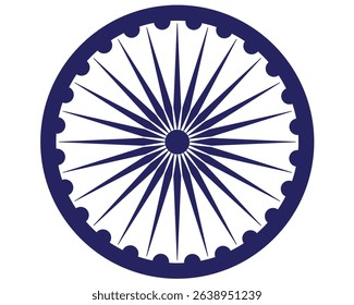 Wheel with spokes vector icon. Ashoka chakra in blue colour with shadows and accurate lines. Indian flag Ashoka chakra wheel in flat style. Vector illustration