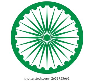 Wheel with spokes vector icon. Ashoka chakra in green colour with shadows and accurate lines. Indian flag Ashoka chakra wheel in flat style. Vector illustration