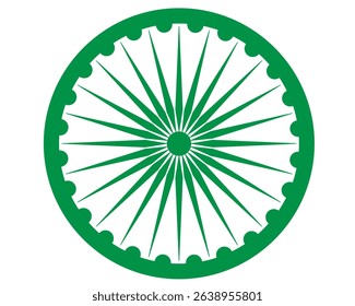 Wheel with spokes vector icon. Ashoka chakra in green colour with shadows and accurate lines. Indian flag Ashoka chakra wheel in flat style. Vector illustration