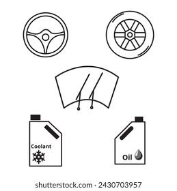 Wheel, steering wheel, windshield, car oil, and car coolant bottles on a white background