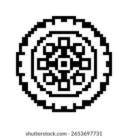 Wheel templates in pixel art style. Black mechanical silhouettes. Cogwheel, vehicle element, labels. Isolated on white background.